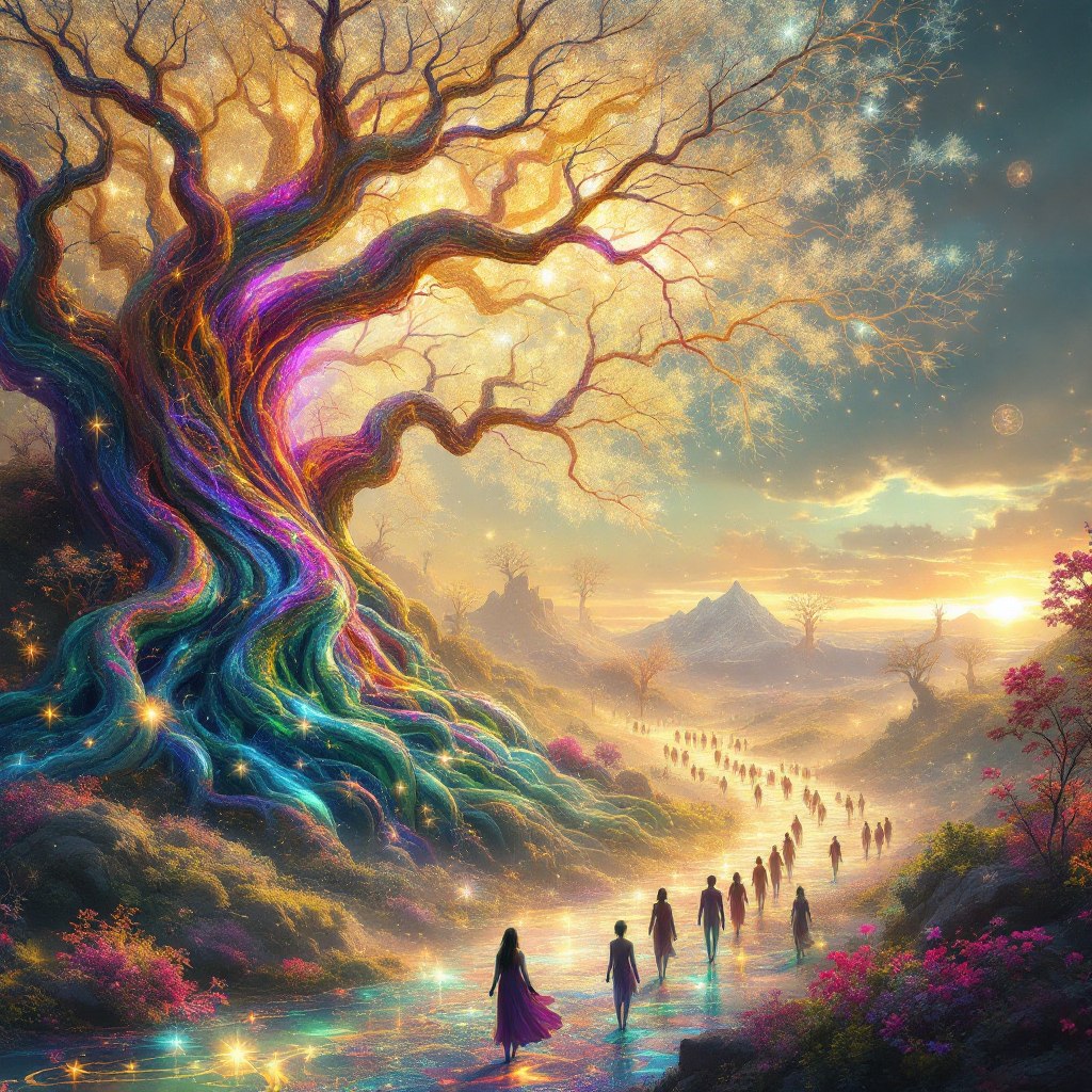 A vibrant, magical landscape features a colossal, multicolored tree bathed in golden light, with figures walking along a shimmering path, embodying the beauty of wonder.