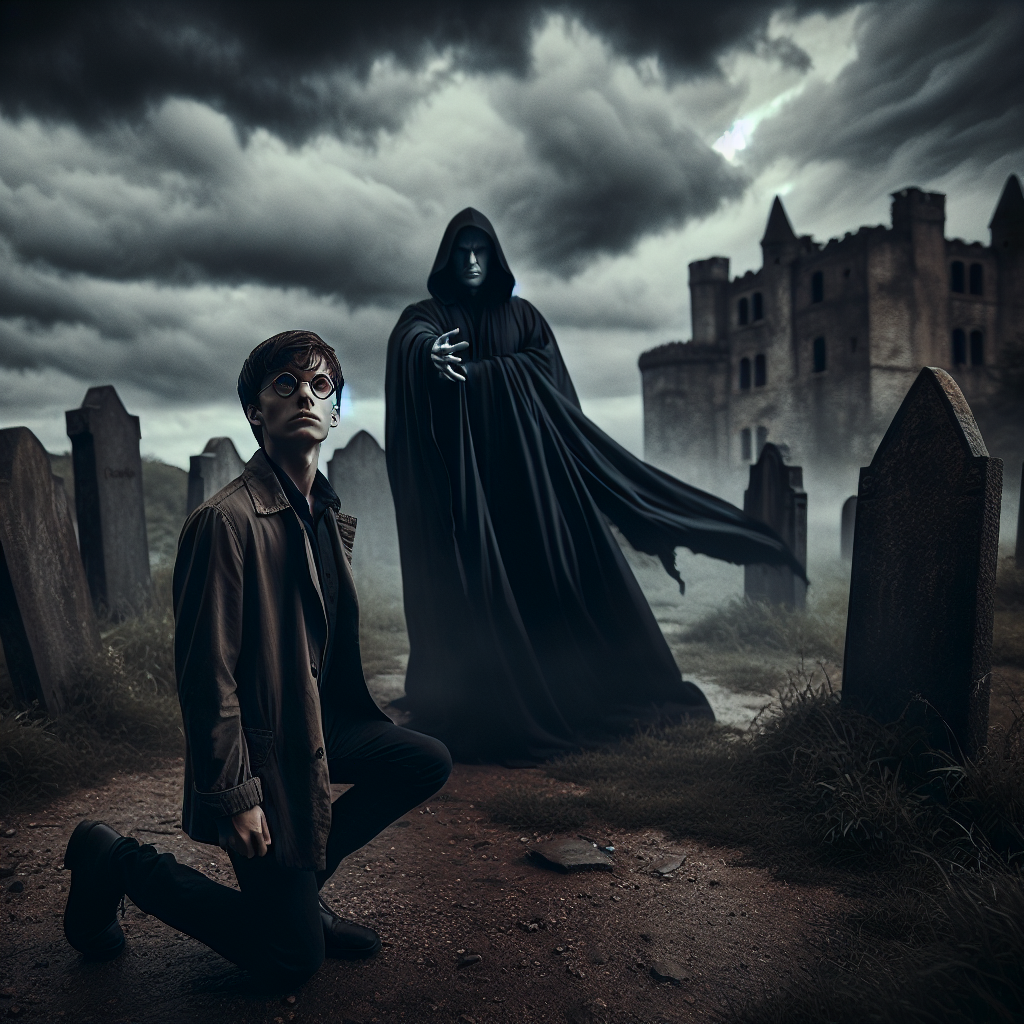 A young man kneels in a graveyard under a stormy sky, facing a hooded figure in a flowing black cloak. The backdrop features a looming, ominous castle.