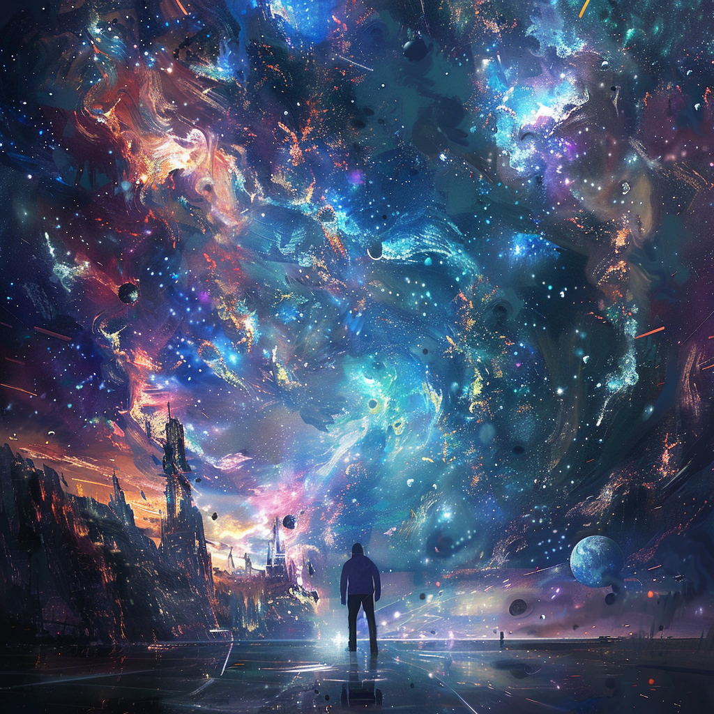 A lone figure stands under a vibrant, swirling cosmic sky, embodying the idea that nothing is ever really lost to us as long as we remember it.