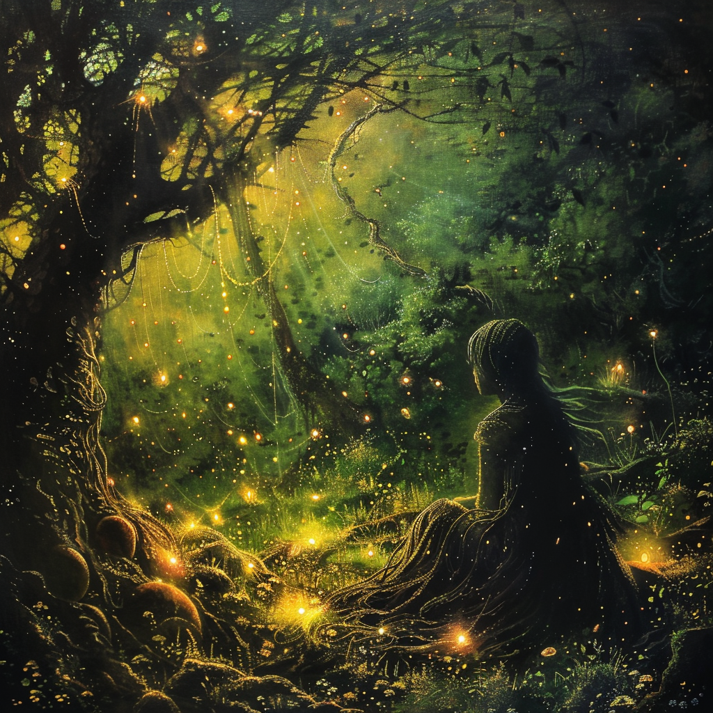 A person sits under a tree in a magical, glowing forest, surrounded by fireflies, evoking the sentiment of remembrance from the book quote, Nothing is ever really lost to us as long as we remember it.