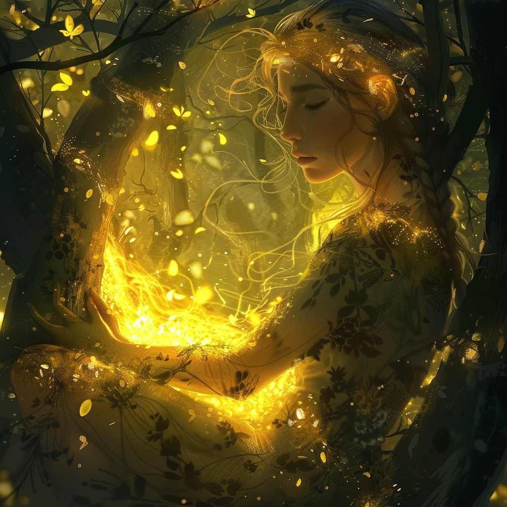 A woman is illuminated by a golden glow in a forest, bathed in light reminiscent of memories. Her eyes are closed peacefully, surrounded by delicate leaves, embodying the quote, Nothing is ever really lost to us as long as we remember it.