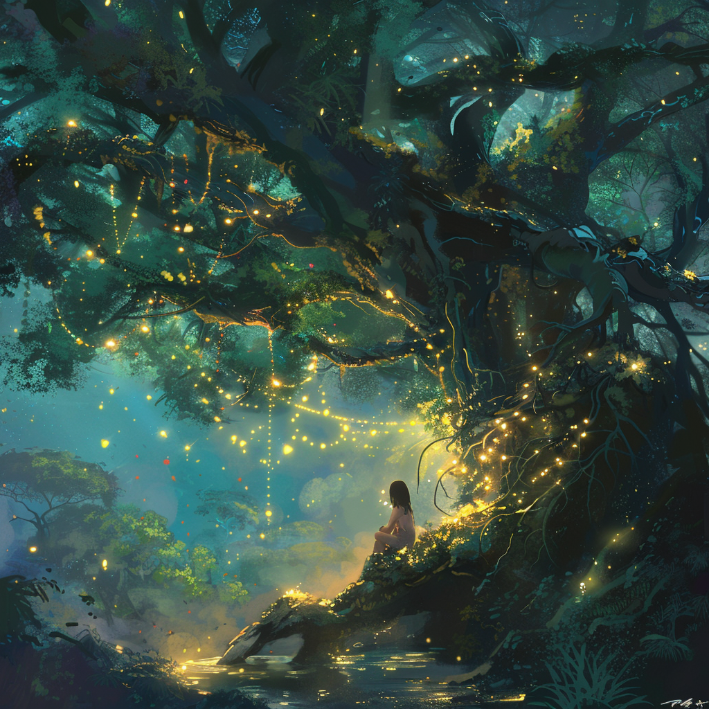 A person sits under a large, magical tree emitting soft, glowing lights against a dreamy blue-green night forest backdrop, inspired by the quote: Nothing is ever really lost to us as long as we remember it.