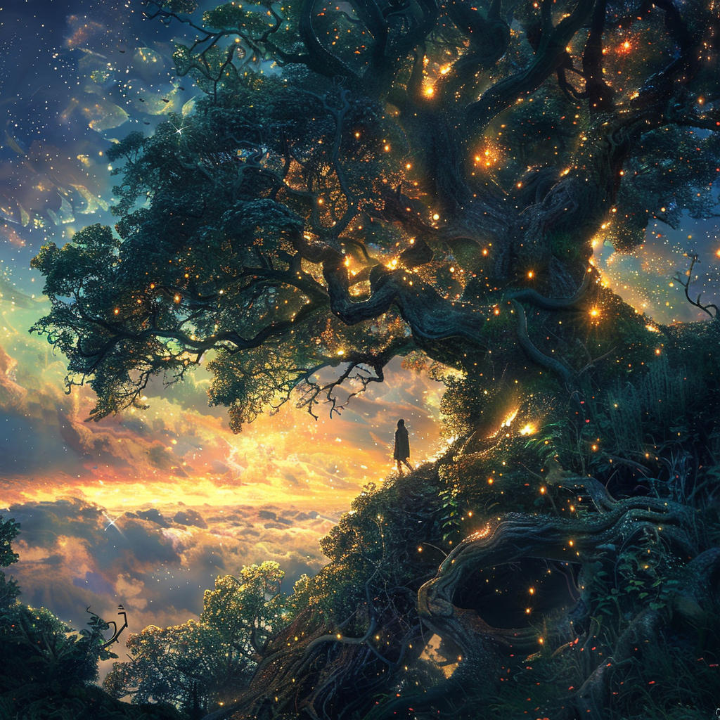 A lone figure stands beneath a grand, glowing tree, surrounded by a dreamy, star-filled sky and a radiant sunset, evoking the sentiment, Nothing is ever really lost to us as long as we remember it.