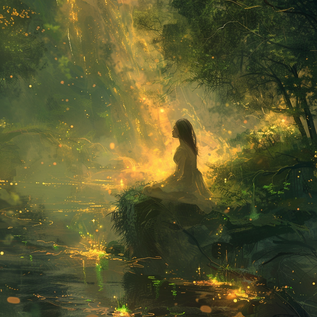 A dreamy scene inspired by Nothing is ever really lost to us as long as we remember it, shows a girl in a glowing forest, sitting by a stream surrounded by ethereal light and fireflies.