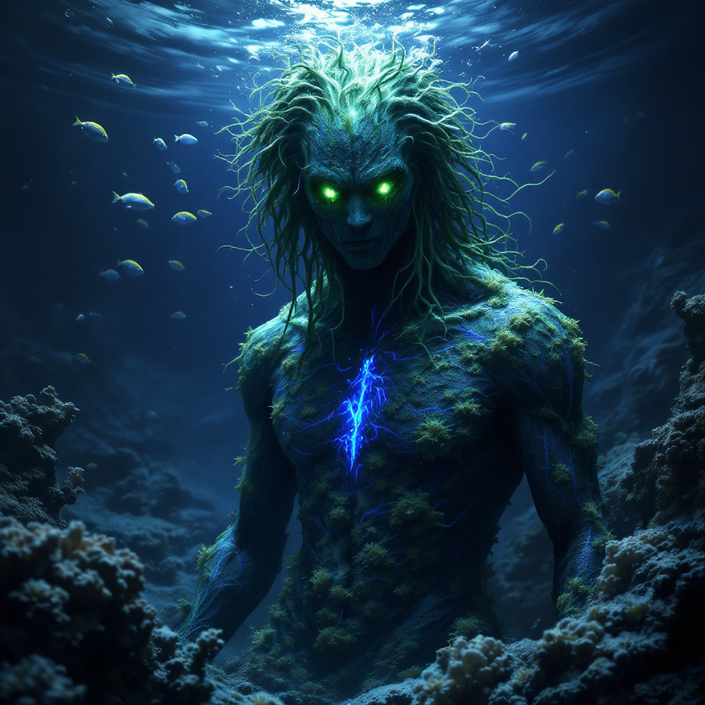 An aquatic figure with glowing green eyes and moss-like skin stands amidst underwater coral and fish, embodying resilience and mystery, reflecting a struggle to stay afloat.