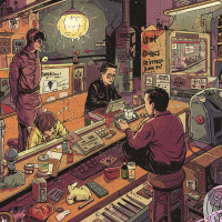 A dimly lit workshop scene features individuals engaged in various tasks, surrounded by tools and gadgets, encapsulating a sense of focus amidst chaos, reflecting resilience at the world's end.