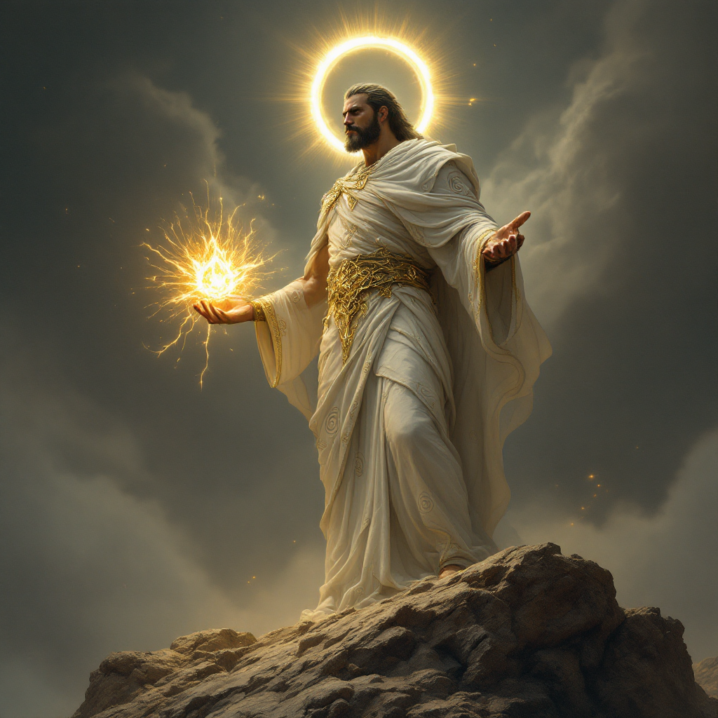 A radiant figure, draped in flowing white robes, stands atop a rocky base, holding a glowing orb of light, embodying the essence of justice and the pursuit of equity.