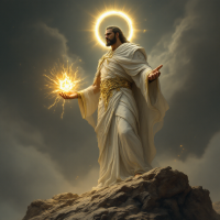 A radiant figure, draped in flowing white robes, stands atop a rocky base, holding a glowing orb of light, embodying the essence of justice and the pursuit of equity.