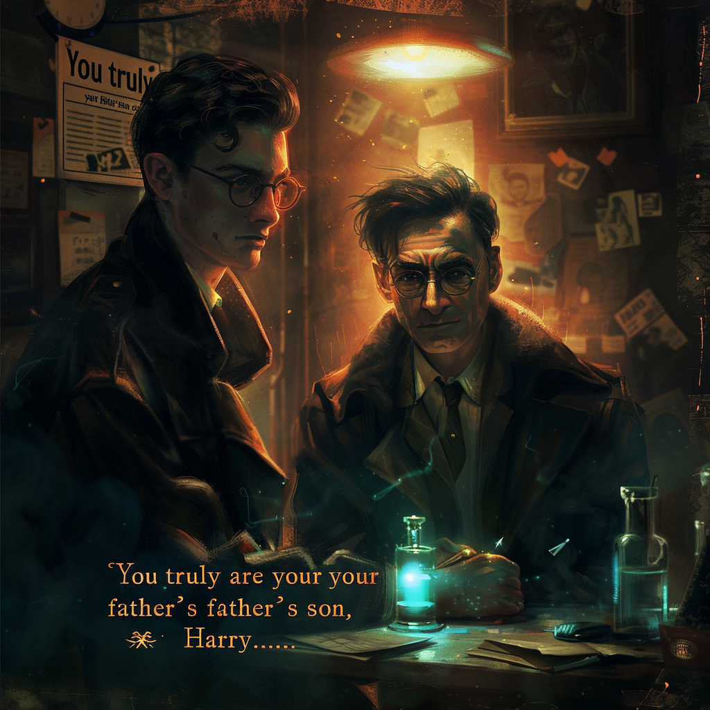 Two men, one youthful and bespectacled, the other older and serious, sit at a dimly lit table cluttered with papers and a glowing vial. A quote on the image reads, You truly are your father's son, Harry...