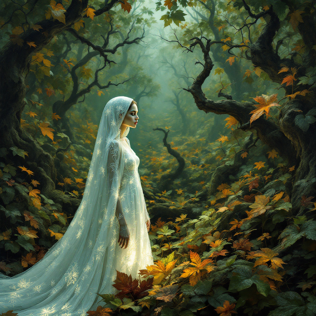 A woman in a flowing white dress stands amid a mystical forest, surrounded by green foliage and autumn leaves, embodying the journey of confronting the depths of reality.