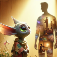 A small, large-eared creature looks up at a glowing figure filled with images of kindness, inspired by the quote, Dobby has heard of your greatness, sir, but of your goodness, Dobby never knew...