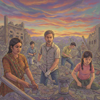 A group of people, diverse in age and gender, work together amidst rubble under a dramatic sky. Their focused expressions reflect determination in a post-apocalyptic landscape.