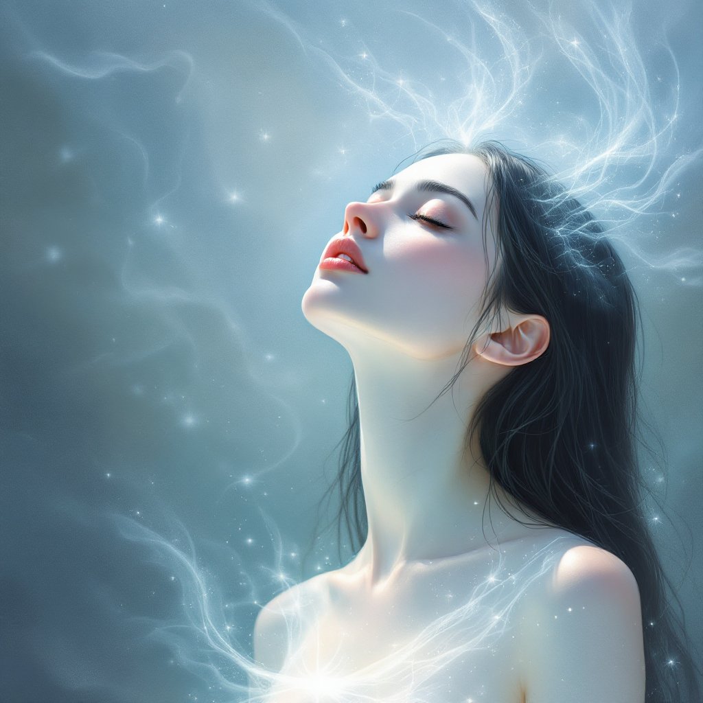 A serene woman with closed eyes, surrounded by ethereal wisps of light, embodies the essence of inner vision and intuition, reflecting the heart’s deeper insights beyond sight.