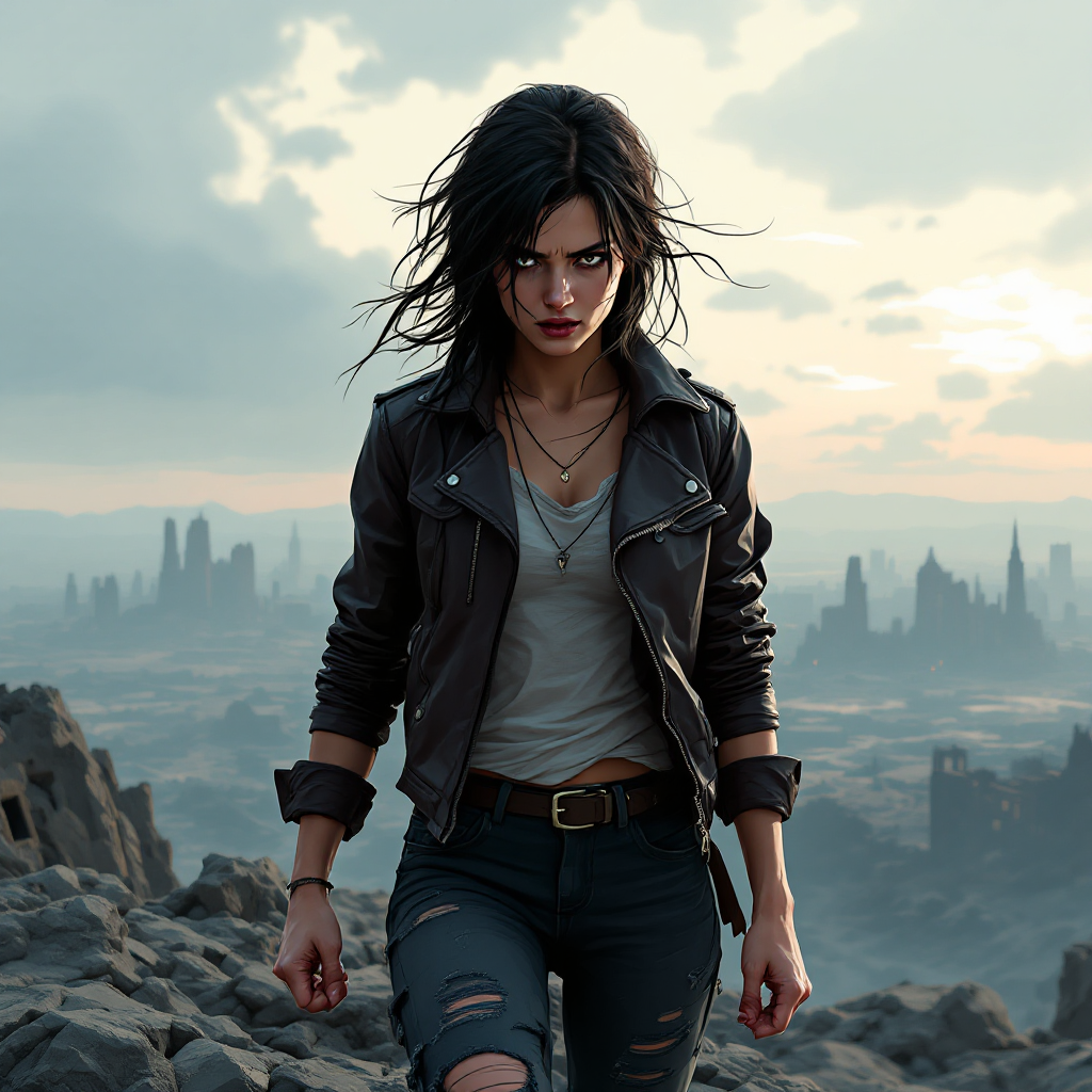 A determined young woman with tousled hair stands on rocky terrain, gazing fiercely ahead, embodying resilience and defiance in a desolate landscape reminiscent of the Hunger Games.