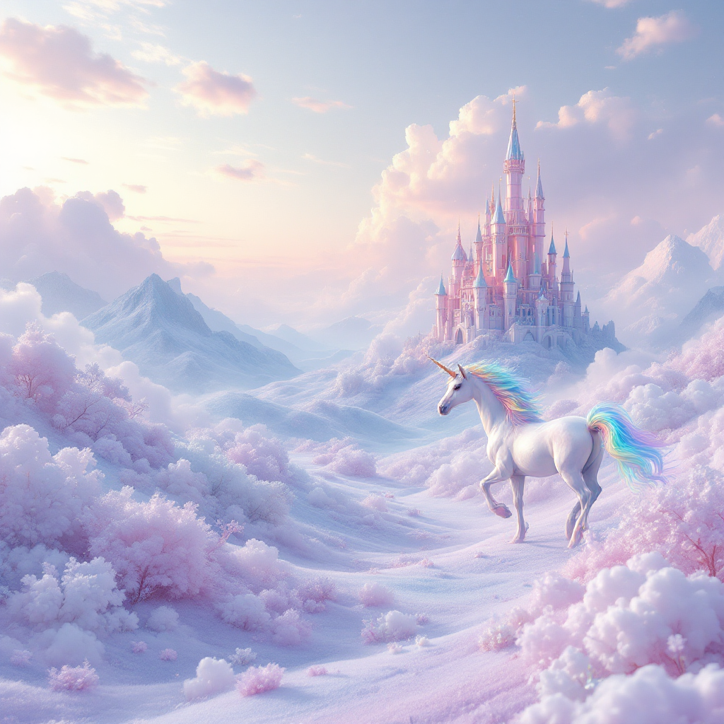 A serene landscape features a majestic unicorn on a snowy path, surrounded by soft pink clouds and distant mountains, with a sparkling castle shimmering under a pastel sky.