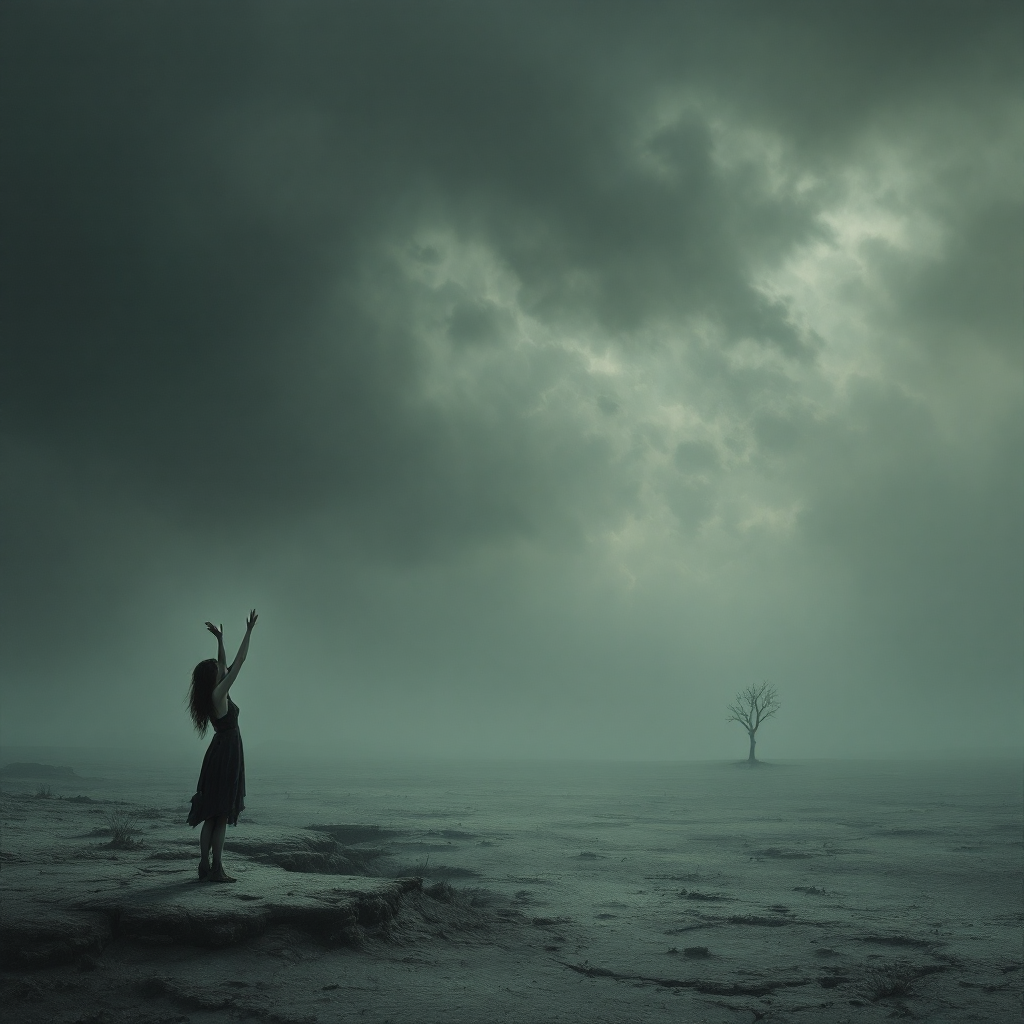 A solitary figure stands on a barren landscape, arms raised toward a dark, cloud-filled sky, confronting the eerie silence of the world, embodying the essence of existential absurdity.