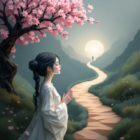 A serene scene with a young woman in traditional clothing standing by a winding path under a blooming cherry blossom tree, contemplating a journey toward the glowing horizon.