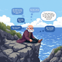 A wise, elderly man sits on a cliff overlooking the ocean, surrounded by thought bubbles reflecting on love and life's serious nature, inspired by the quote about the importance of life.