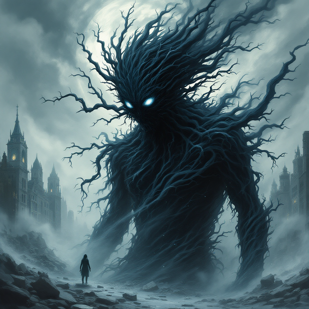 A towering, shadowy figure with twisting branches for limbs looms over a desolate cityscape, embodying the haunting essence of the quote, Time is a thief that cannot be caught.