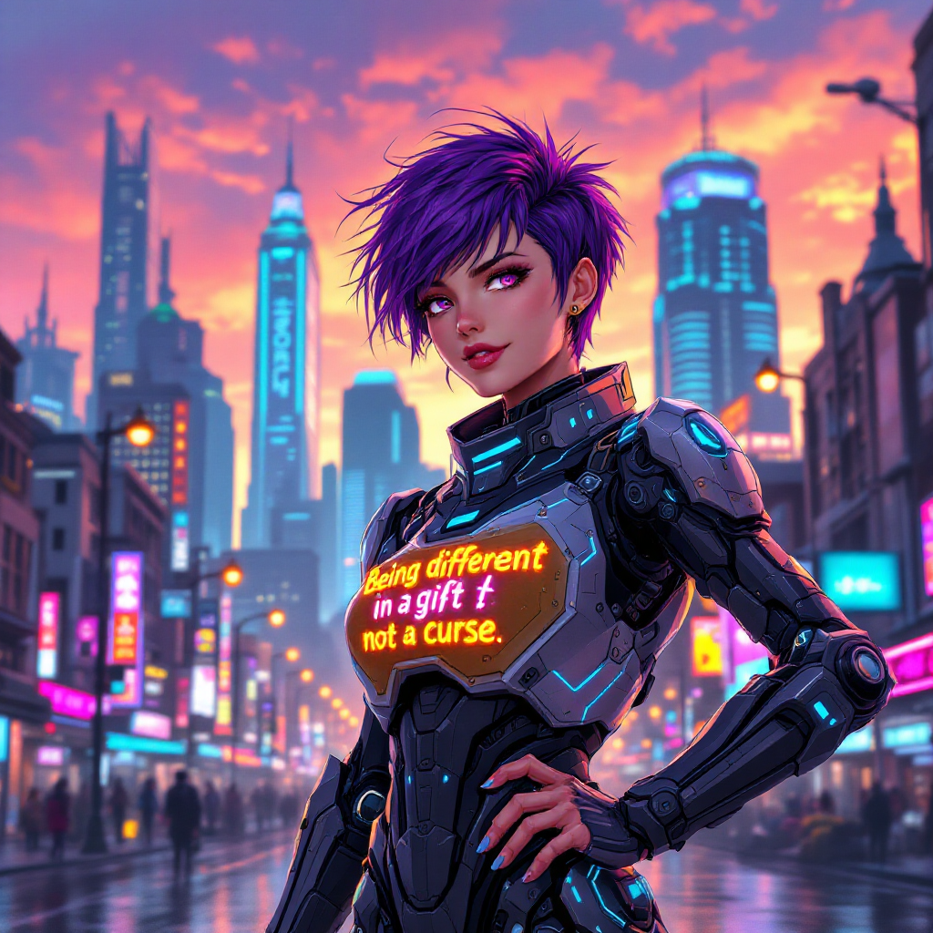 A futuristic woman with vibrant purple hair stands confidently in a neon-lit cityscape, displaying the quote: Being different is a gift, not a curse on her armor.