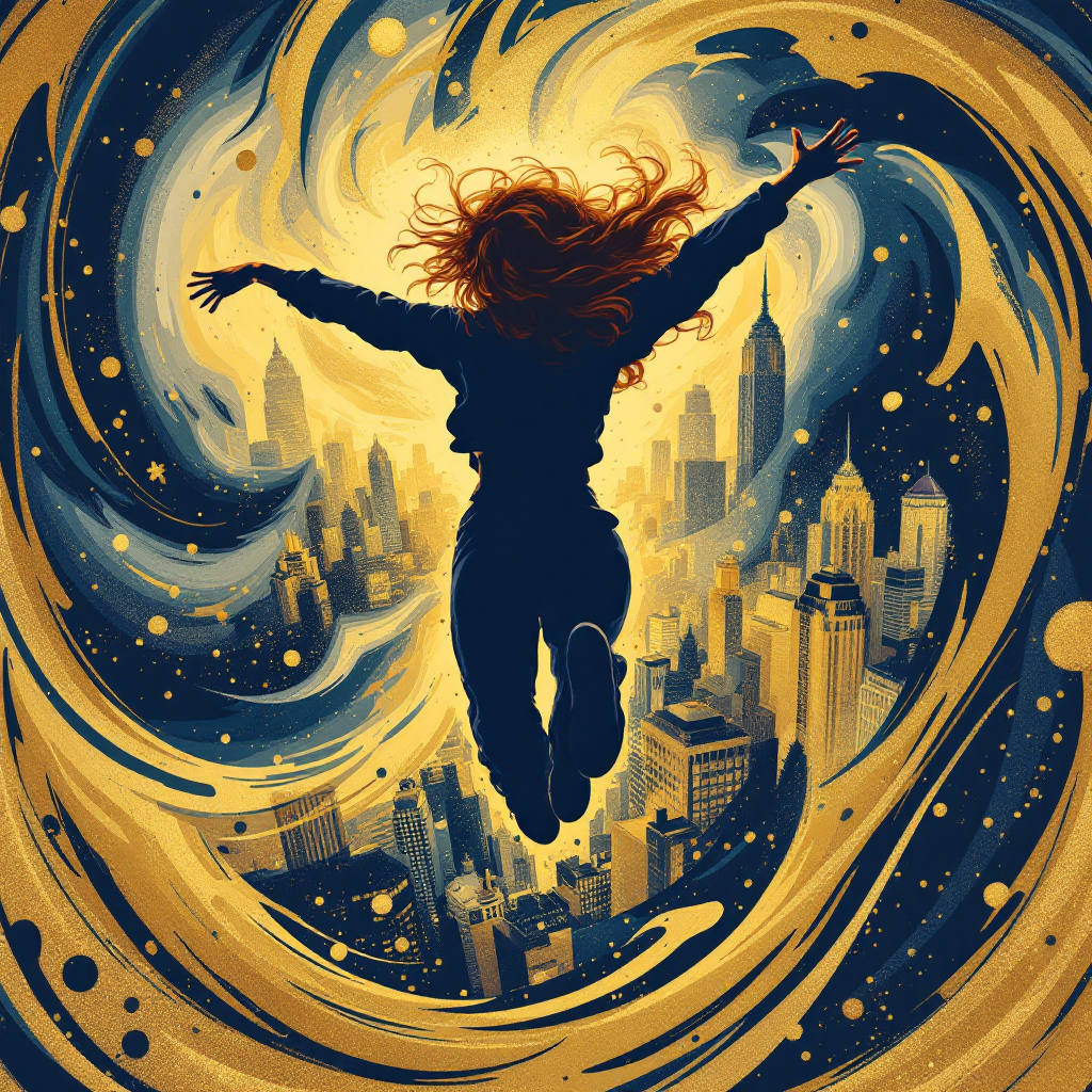 A figure with flowing red hair leaps into a swirling vortex of vibrant colors, symbolizing the plunge into life's chaos amidst a city skyline.