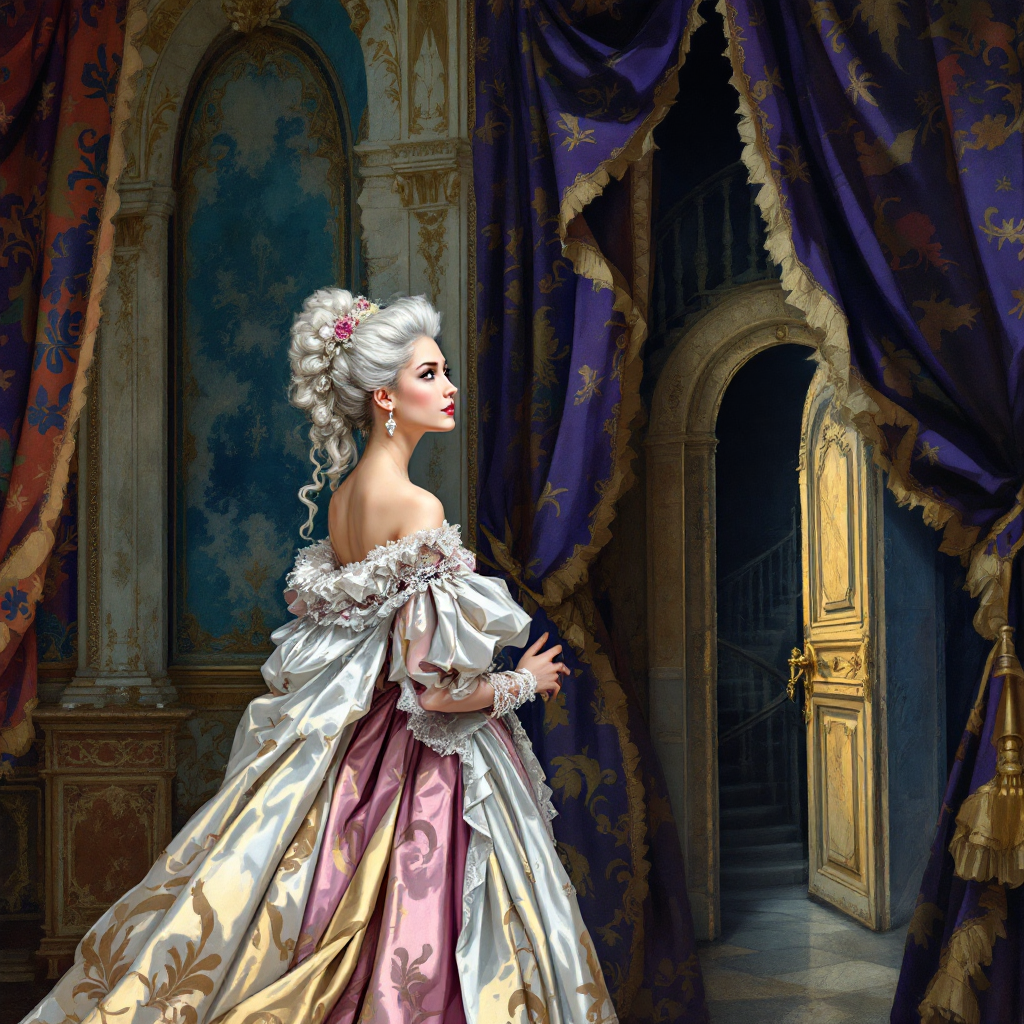 A woman in an opulent gown stands in a grand room, poised elegantly beside draped curtains, hinting at a hidden adventure beyond a lavish doorway.