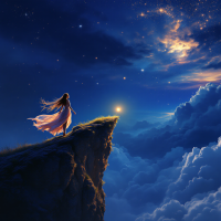 A woman in a flowing gown stands on a cliff, gazing into a starry sky filled with clouds and light, embodying the sentiment: There is no real ending. It’s just the place where you stop the story.