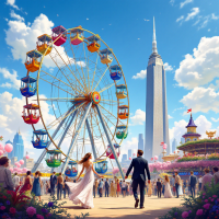 A vibrant scene at a World's Fair, featuring a colorful Ferris wheel and the Empire State Building, with a diverse crowd enjoying the festivities under a bright sky.