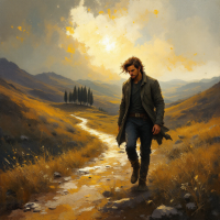 A man walks along a winding path through a golden landscape, embodying the essence of hope and determination, as radiant clouds illuminate the sky above him.