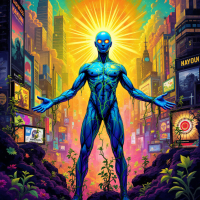 A vibrant figure with glowing blue skin stands amidst a colorful urban landscape, arms outstretched, radiating energy and embodying the essence of living fully, as inspired by a thought-provoking book quote.