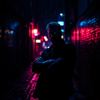 A shadowy figure stands in a rain-soaked alley, illuminated by vibrant neon lights, embodying the quote, The man who has no enemies is no man at all.