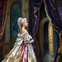 A woman in an opulent gown stands in a grand room, poised elegantly beside draped curtains, hinting at a hidden adventure beyond a lavish doorway.