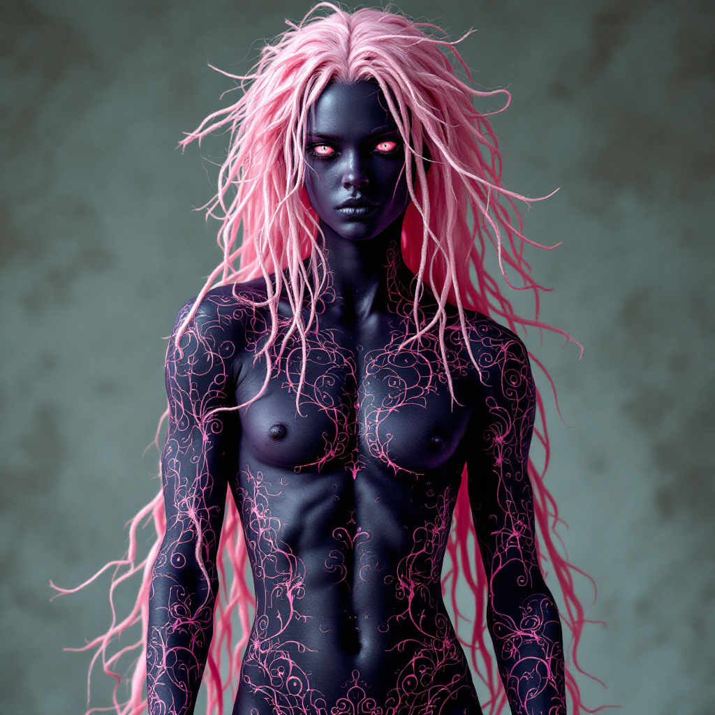 A striking figure with dark skin and intricate pink tattoos, featuring long pink hair and glowing eyes, embodies the duality of beauty and potential for harm.