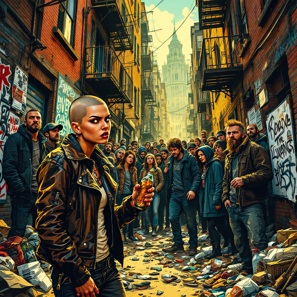 A bustling, grimy urban alley filled with debris and graffiti, featuring a defiant woman in front, surrounded by a crowd that reflects a breakdown of community.