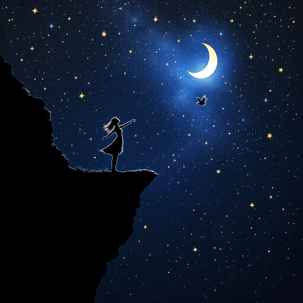 A silhouette of a person standing on a cliff under a starry sky, gazing at a crescent moon. The scene embodies the essence of freedom and the ability to choose.