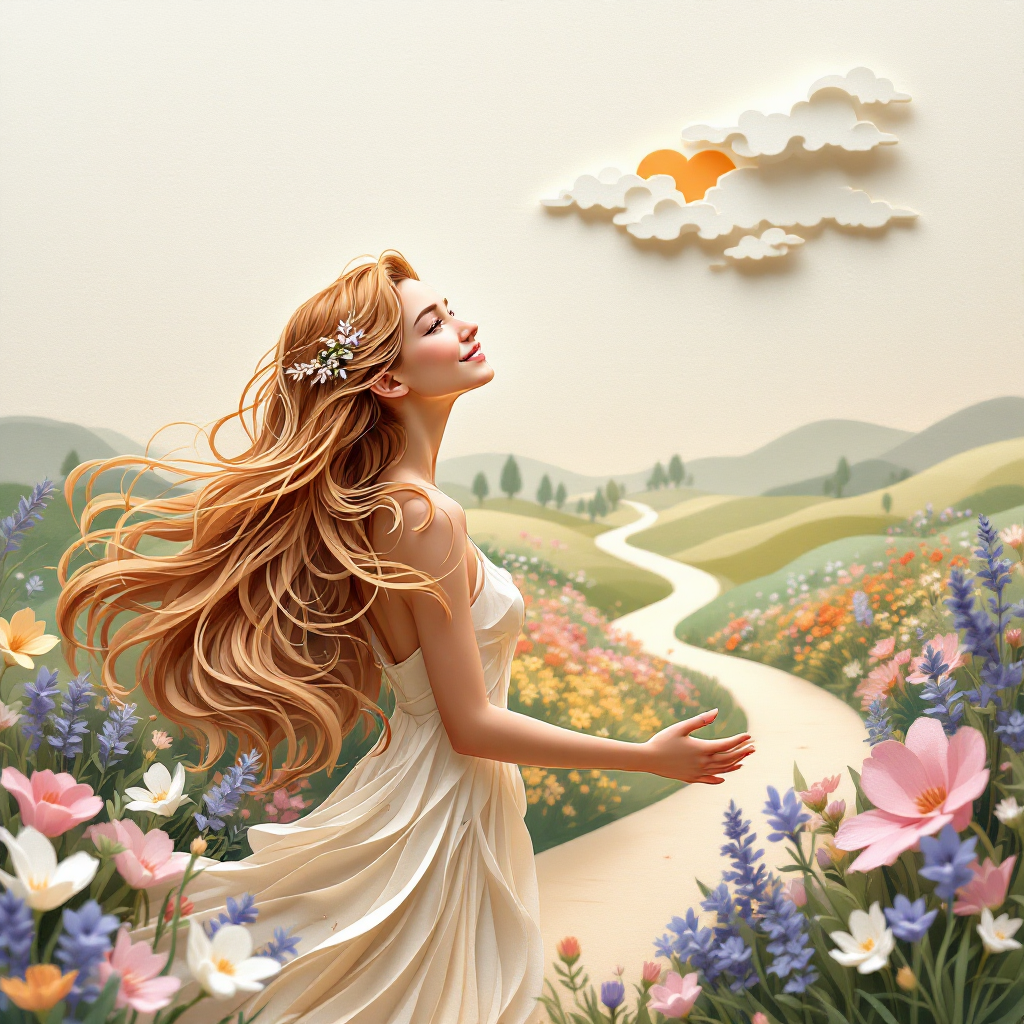 A woman in a flowing white dress stands in a vibrant flower-filled landscape, arms outstretched toward a golden sunset behind clouds, embodying the journey and celebrating each step forward.