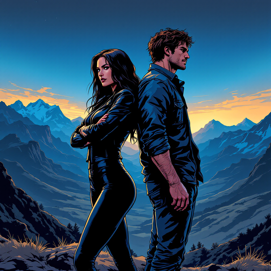 A confident woman in black leather stands back-to-back with a man in a blue shirt, silhouetted against a dramatic sunset over mountains, symbolizing empowerment and the dynamics of relationships.