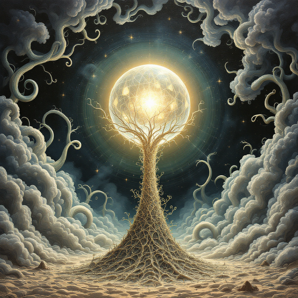 A luminous tree with intricate roots reaches toward a radiant full moon, surrounded by swirling clouds, evoking the uncertainty of knowledge amidst a cosmic backdrop.