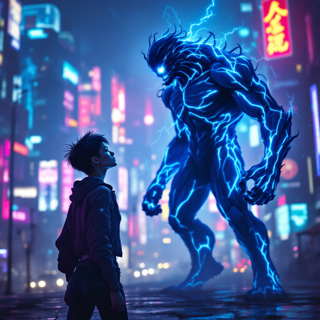 A young hero stands defiantly before a massive, glowing blue monster in a vibrant cityscape, embodying the struggle of facing one's own darkness.