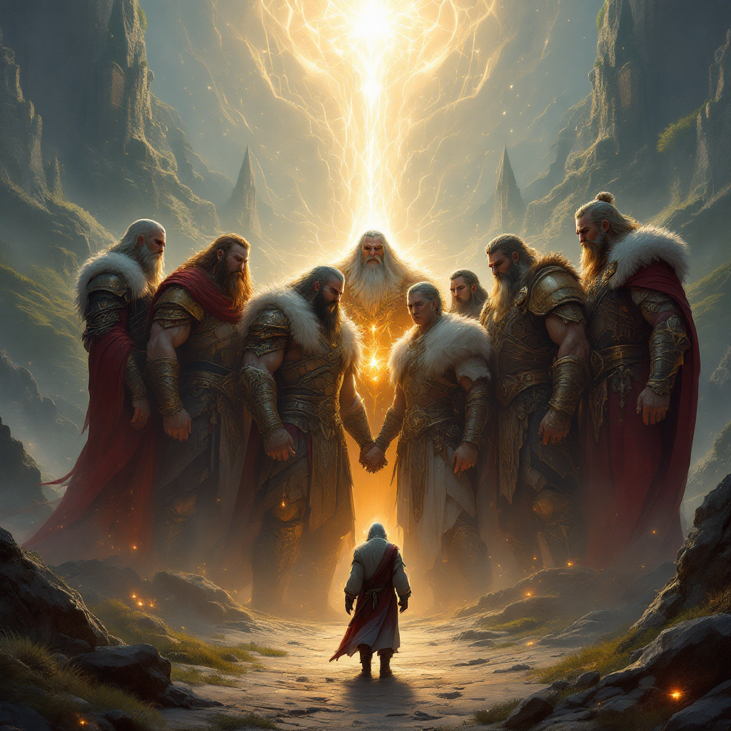 A figure stands before a group of powerful warriors, united in a moment of strength, illuminated by a radiant light above, embodying the theme of unity and the inevitability of fate.