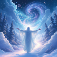 A figure in a flowing robe stands in a snowy landscape, arms outstretched towards a vibrant, swirling galaxy above, embodying the quote about blame and perspective.