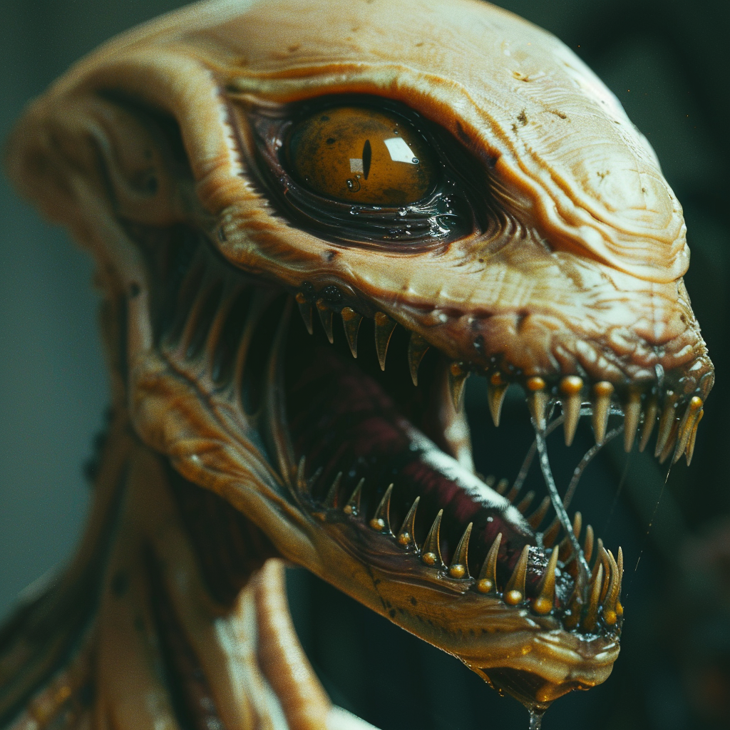 A yellowish, alien creature with large, round eyes and a wide mouth filled with sharp, dripping fangs. This depiction aligns with the description of a Tolnep, whose poisonous fangs make their smile frightening.