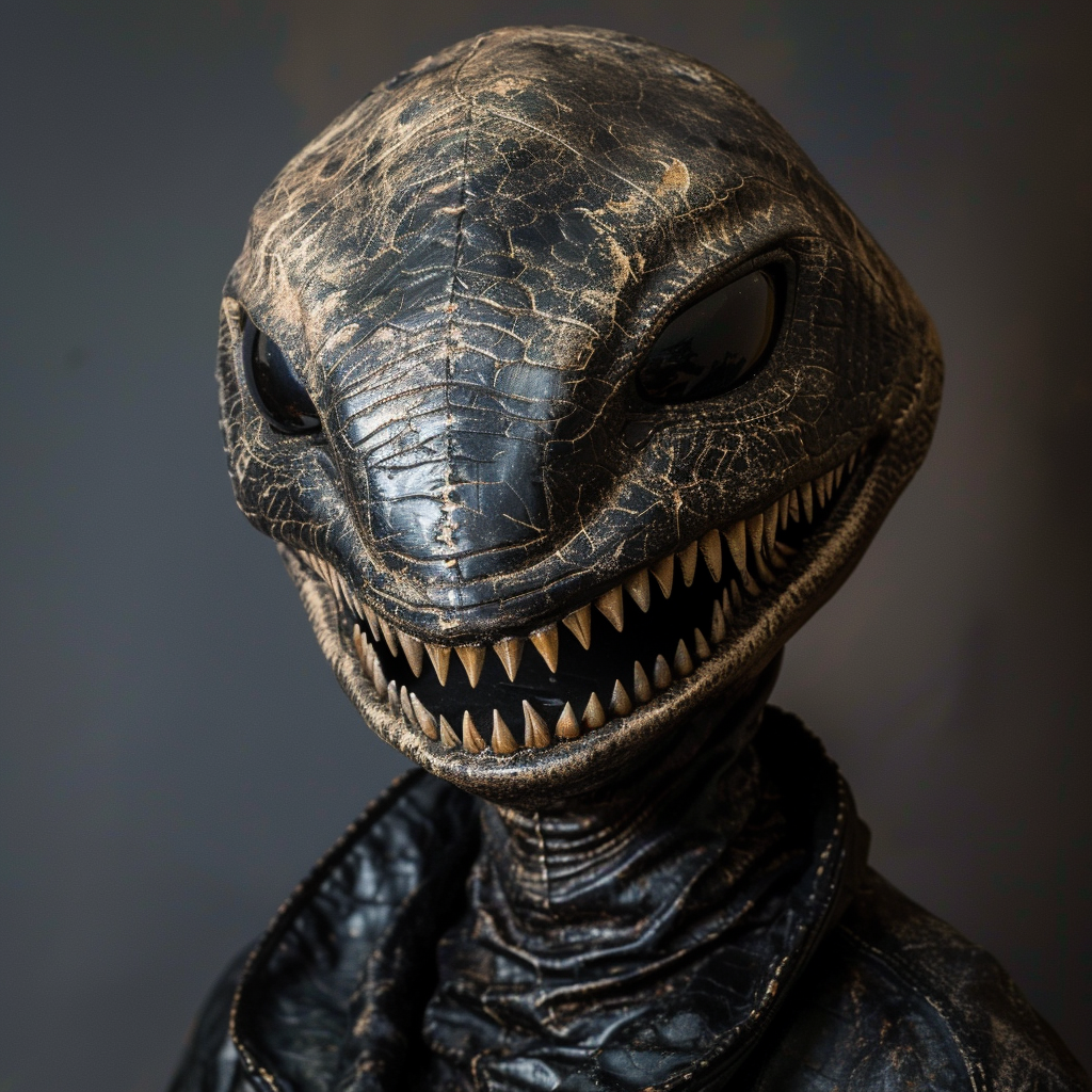 A Tolnep creature with leathery skin and a menacing smile reveals sharp, venomous fangs.