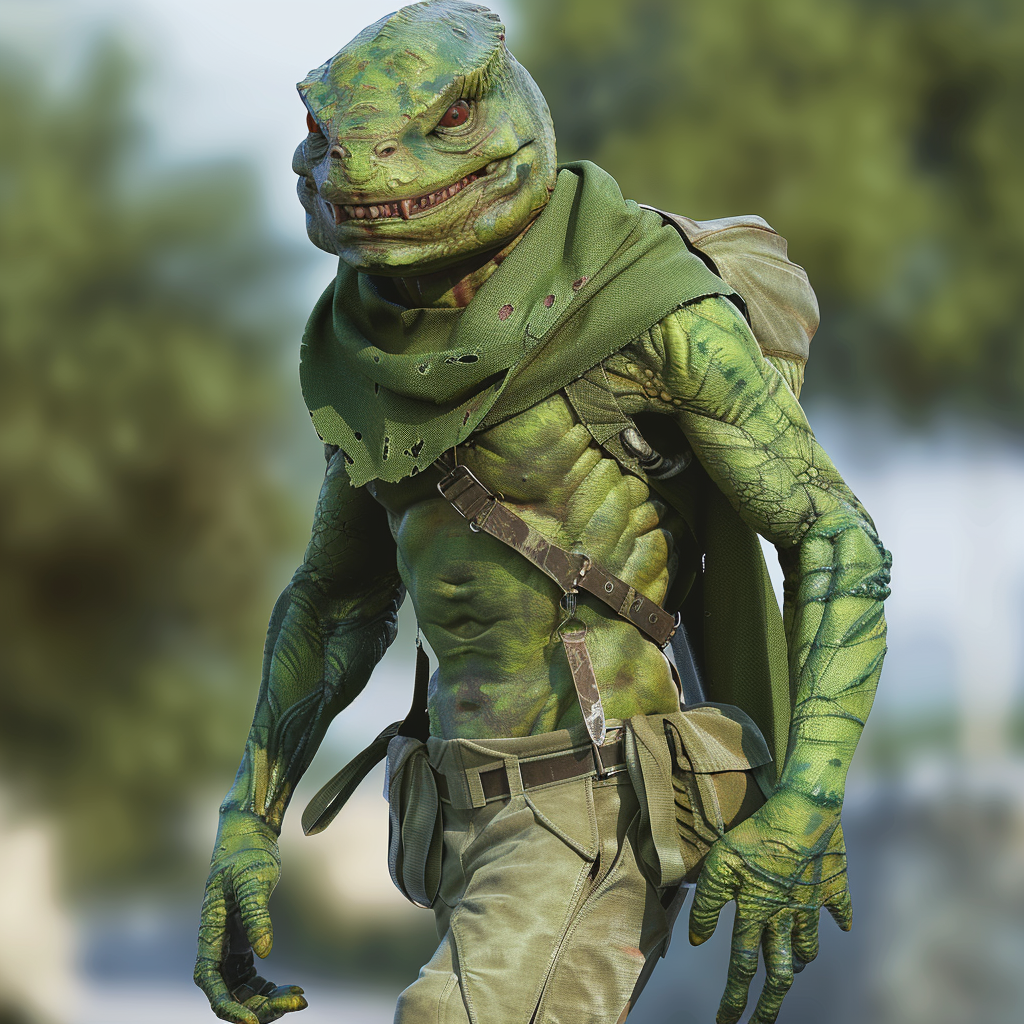 A Tolnep creature with reptilian features and green, scaled skin smiles, revealing sharp, poison-tipped fangs. The bipedal figure wears tactical gear and a scarf, set against a blurred outdoor background.