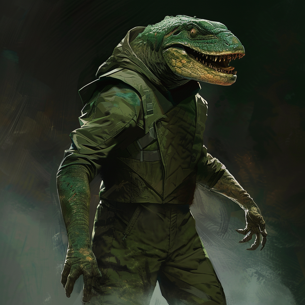 A menacing Tolnep creature with green, scaly skin and venomous fangs grins ominously, dressed in military-style armor, against a dark, shadowy background.