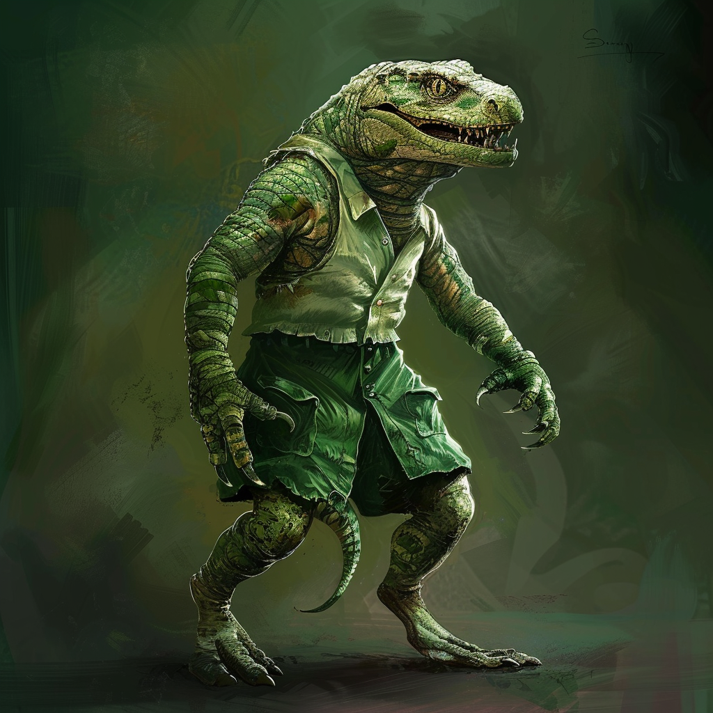 A Tolnep creature with green scaly skin and sharp fangs, wearing a sleeveless vest and shorts. The creature's smile reveals poison-coated fangs, giving it a menacing appearance.