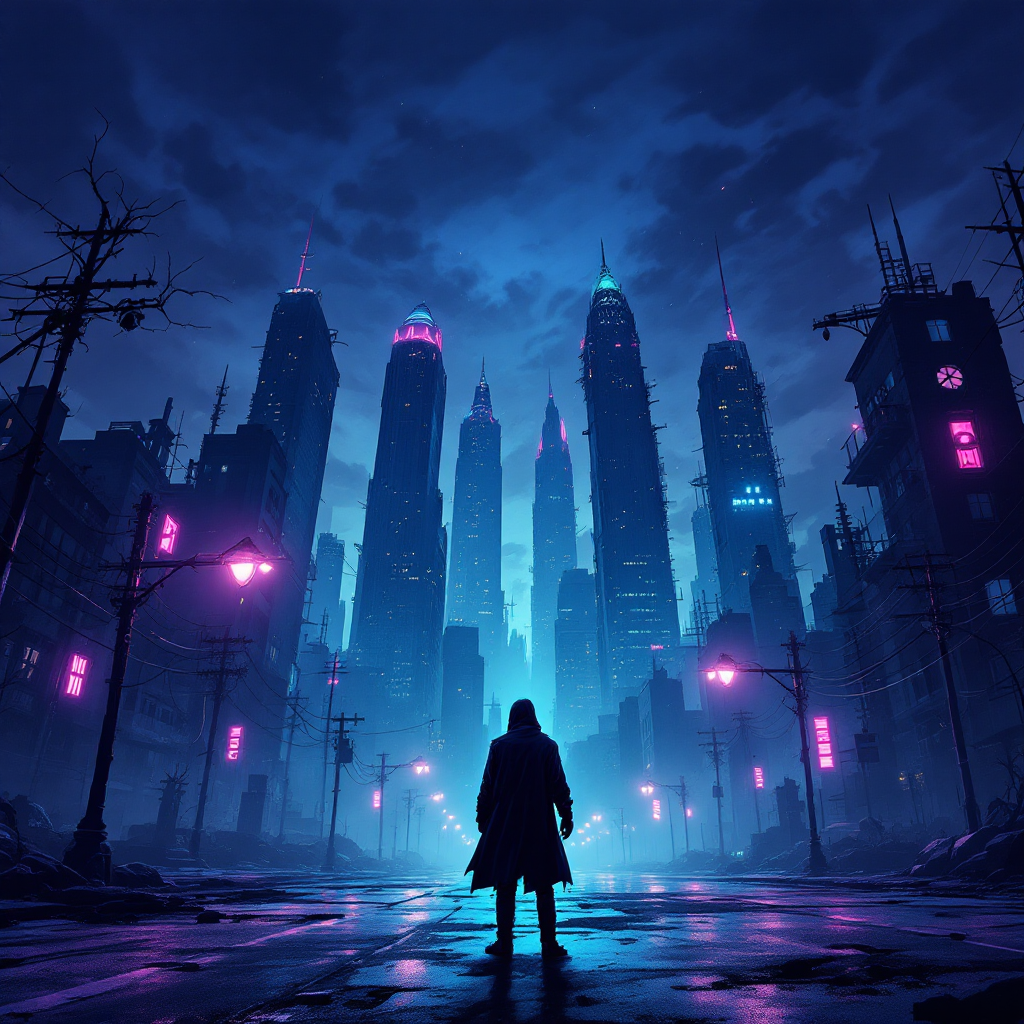 A figure stands in the foreground, silhouetted against a dark, neon-lit cityscape. The towering buildings loom ominously, embodying the fear of what lies within the darkness.