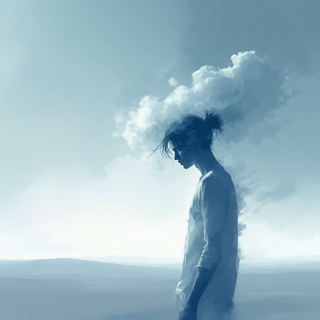 A figure stands in a serene landscape, their head entwined with wispy clouds, embodying the struggle of longing for growth amidst uncertainty and self-doubt.