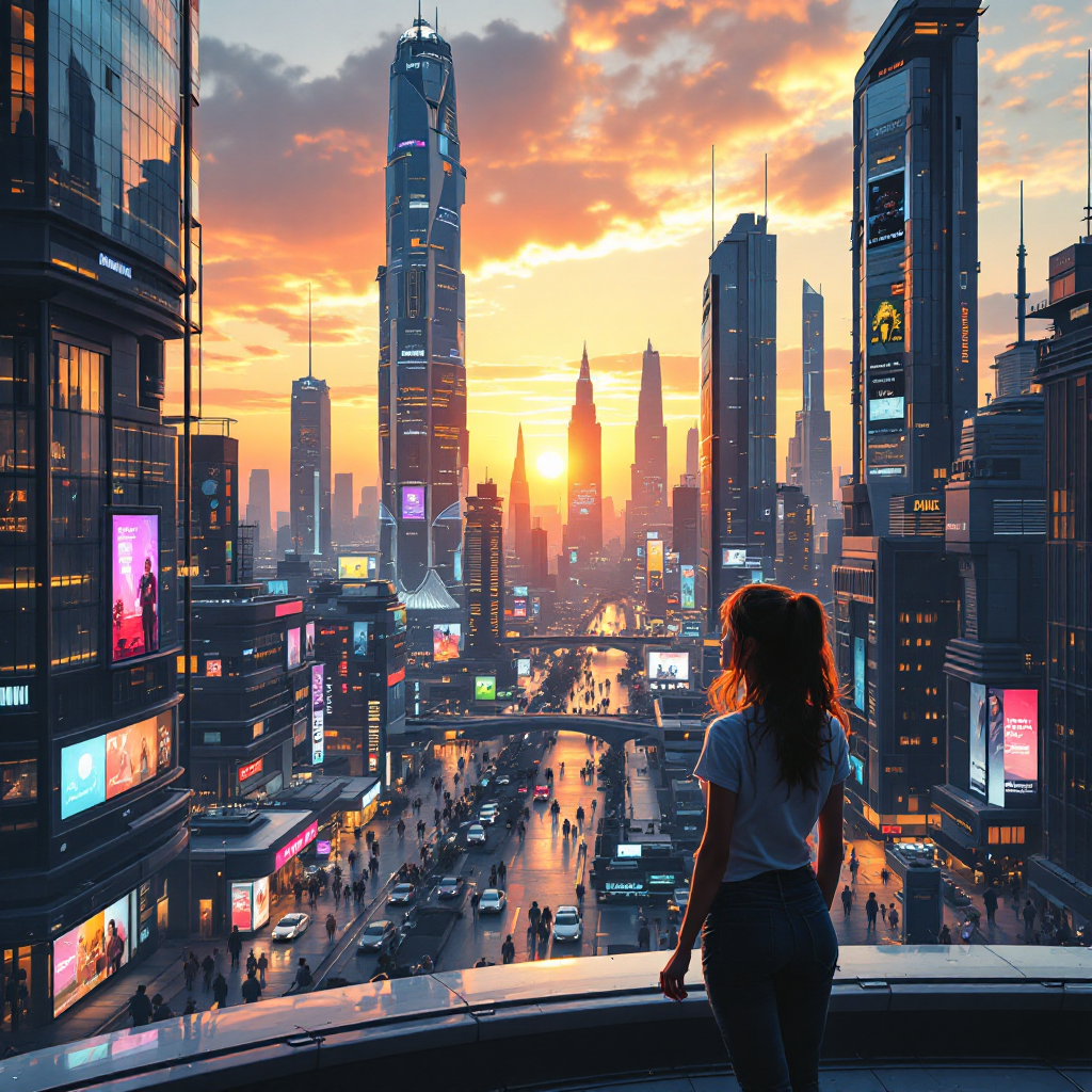 A silhouette of a woman stands on a balcony overlooking a vibrant, futuristic cityscape at sunset, embodying the quote about actively creating the future.