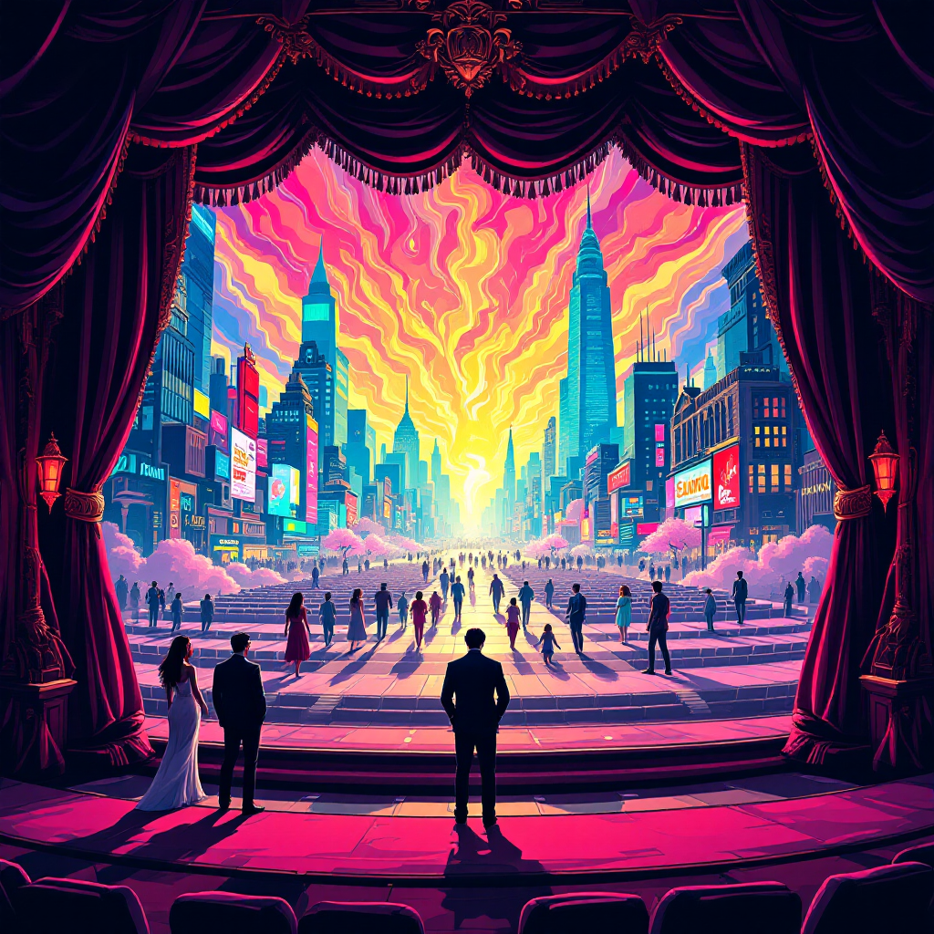 A vibrant theatrical scene depicting a cityscape at sunset, with silhouetted figures standing on stage, embodying the quote about life as a performance.